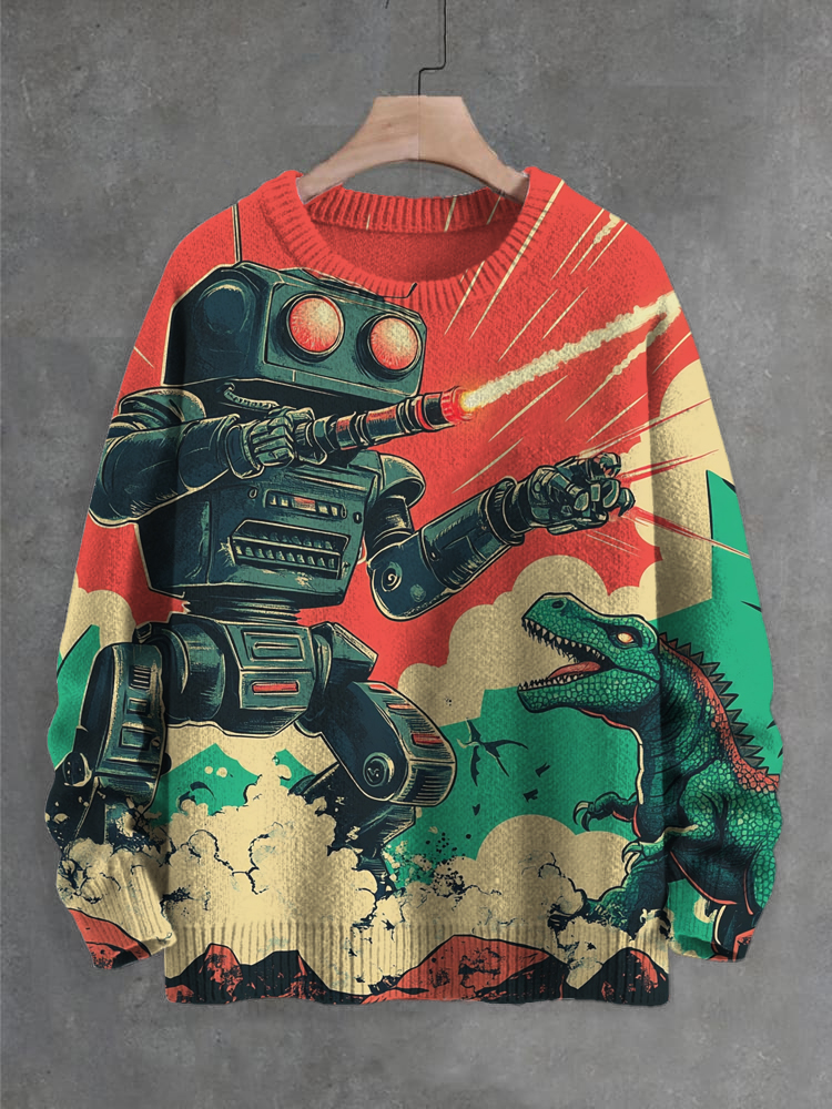 Men's Retro Robot Dinosaur Fighting Sci-Fi Art Print Knit Sweatshirt