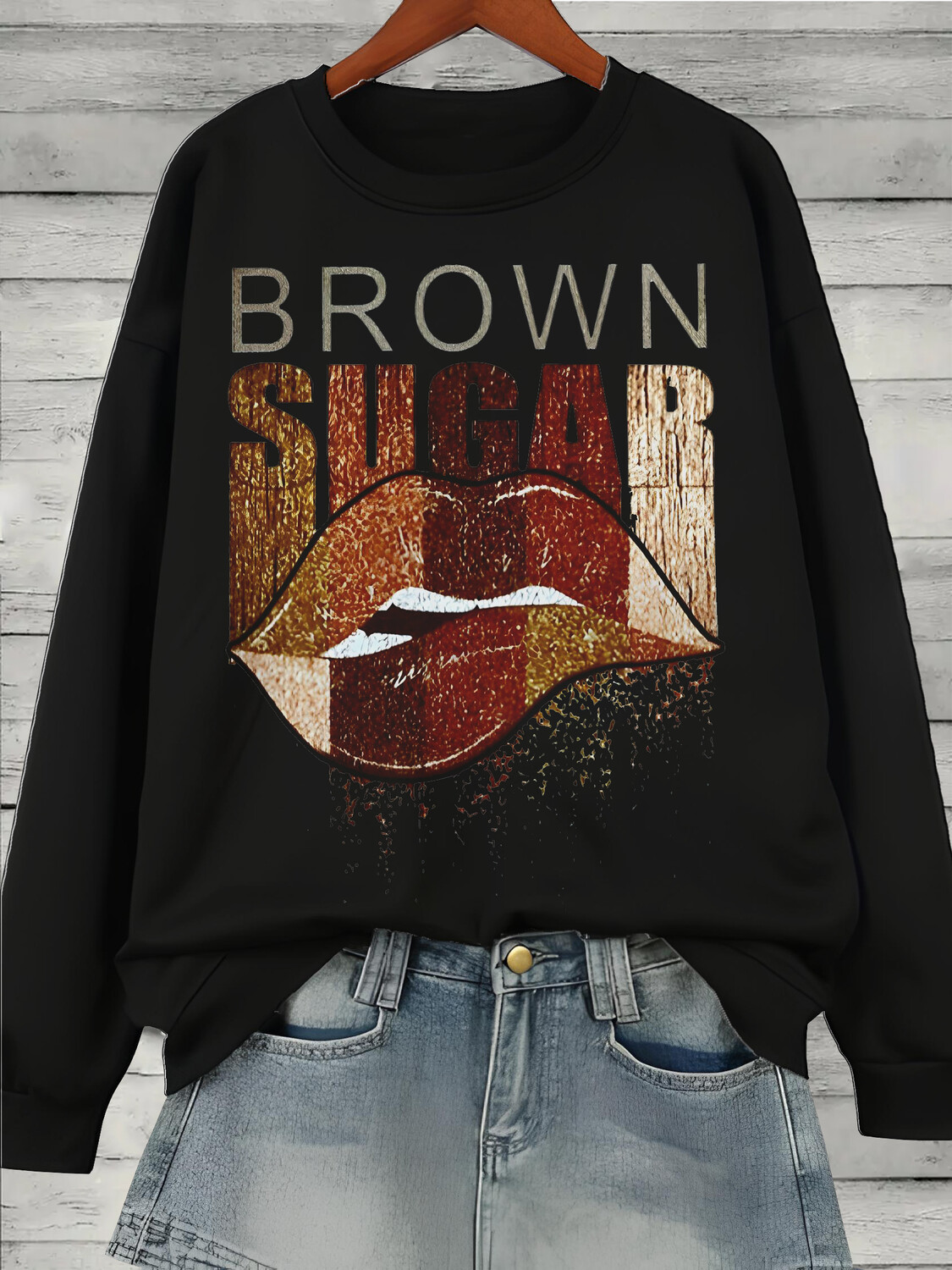 Women's Lip Brown Sugar Art Print Cotton Long Sleeve T-Shirt Thin Sweatshirt