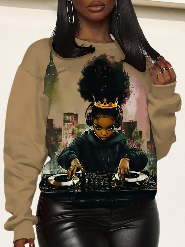 Women's Black Queen DJ Girl Music Lover Art Print Sweatshirt