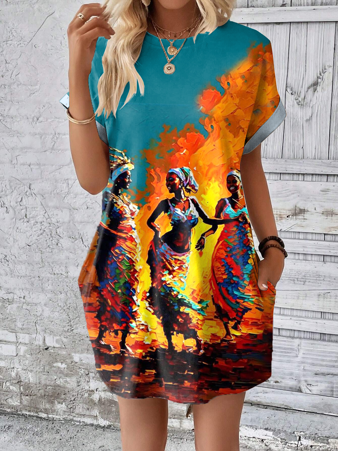 Women's Dancing African Girls Oil Painting Print T-Shirt Mini Dress