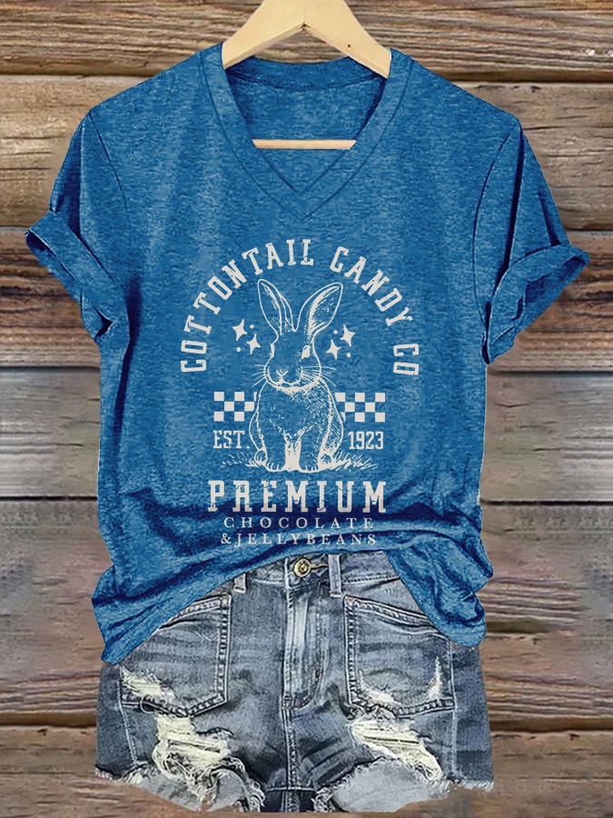 Women's Cottontail Candy Company Easter Bunny Printed V Neck T-Shirt