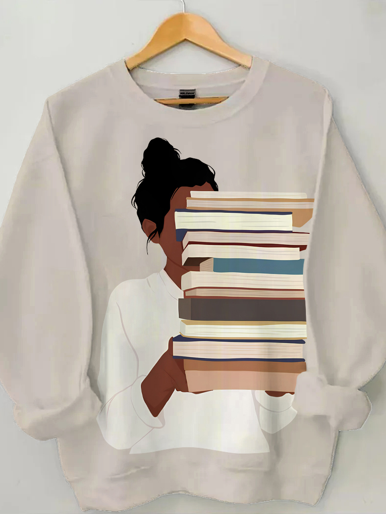 Women's Reading Lover Illustration Print Cotton Long Sleeve T-Shirt Thin Sweatshirt