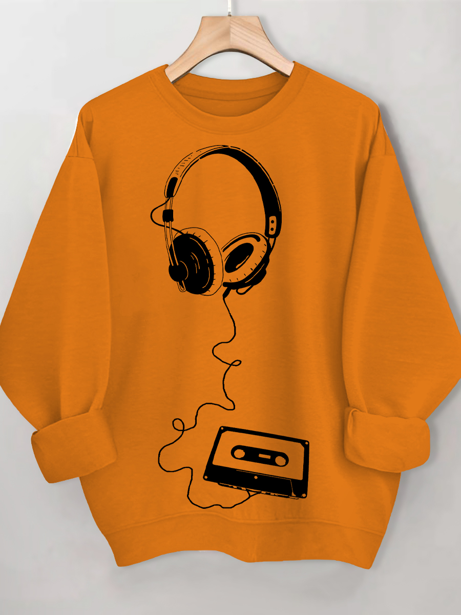 Women's Retro Headphones Music Cassette Art Print Cotton Casual Sweatshirt