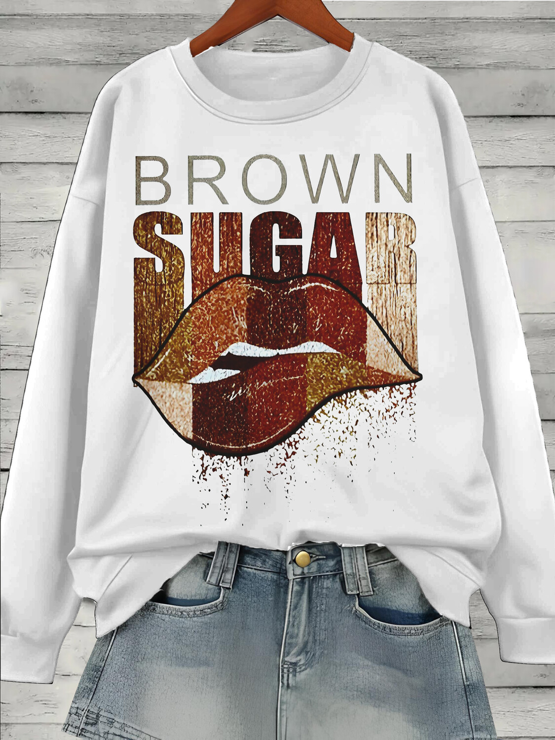 Women's Lip Brown Sugar Art Print Cotton Long Sleeve T-Shirt Thin Sweatshirt