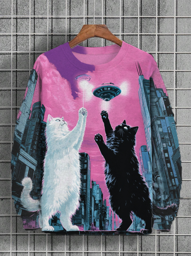 Men's Futuristic Sci-Fi Art UFO Cats Print Casual Sweatshirt
