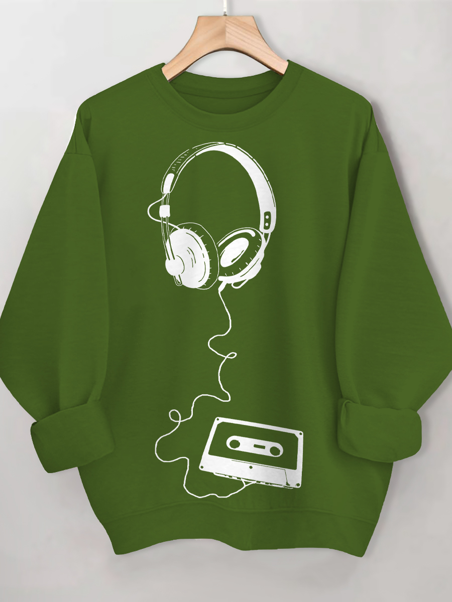 Women's Retro Headphones Music Cassette Art Print Cotton Casual Sweatshirt