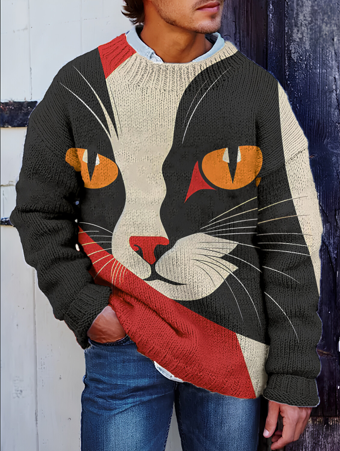 Men's Cat Geometric Art Colorblock Print Knit Sweatshirt