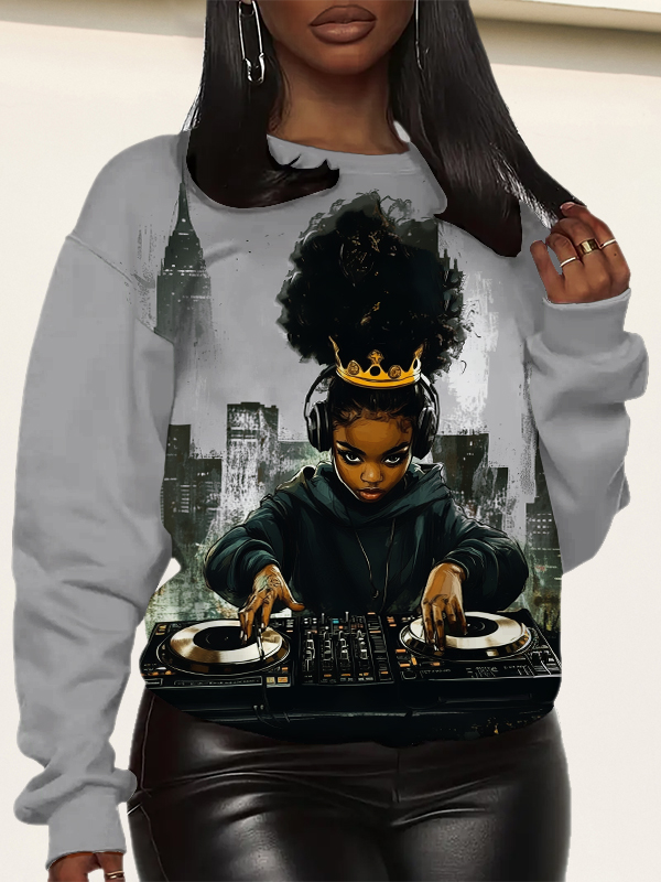Women's Black Queen DJ Girl Music Lover Art Print Sweatshirt