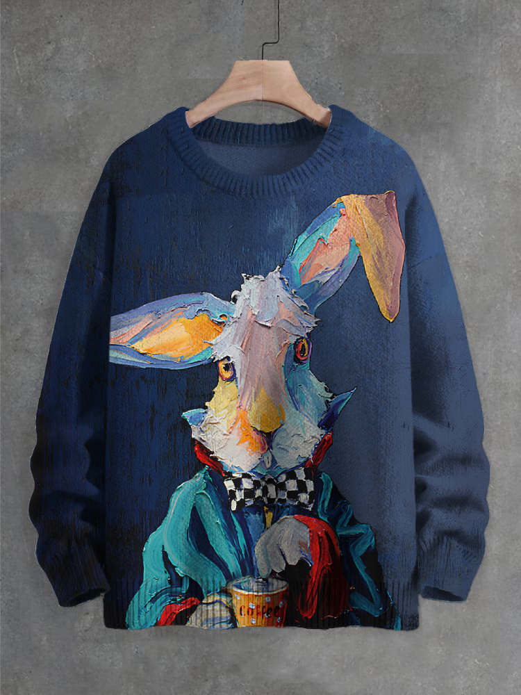Men's Rabbit Magician Coffee Oil Painting Art Print Knit Sweatshirt