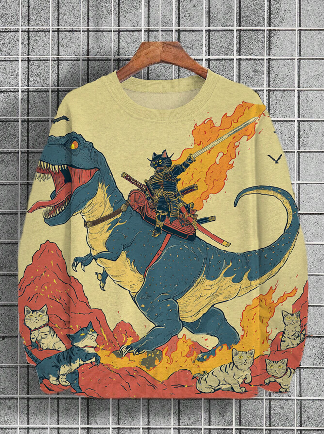 Men's Cat And Dinosaur Fighting Art Print Casual Sweatshirt