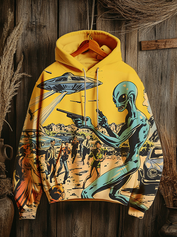 Women's Vintage UFO Alien Comics Style Sci-Fi Art Print Hoodie