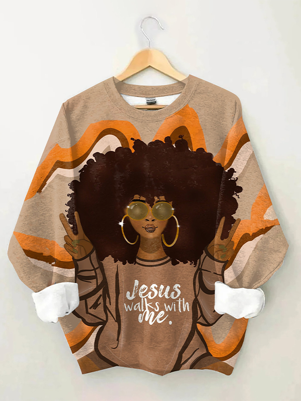 Women's Jesus Walks With Me Black Girl Portrait Art Print Casual Sweatshirt