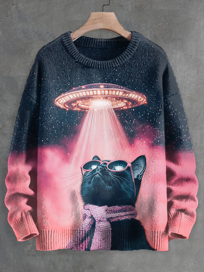Men's Valentine's Day UFO Black Cat Print Knit Sweatshirt