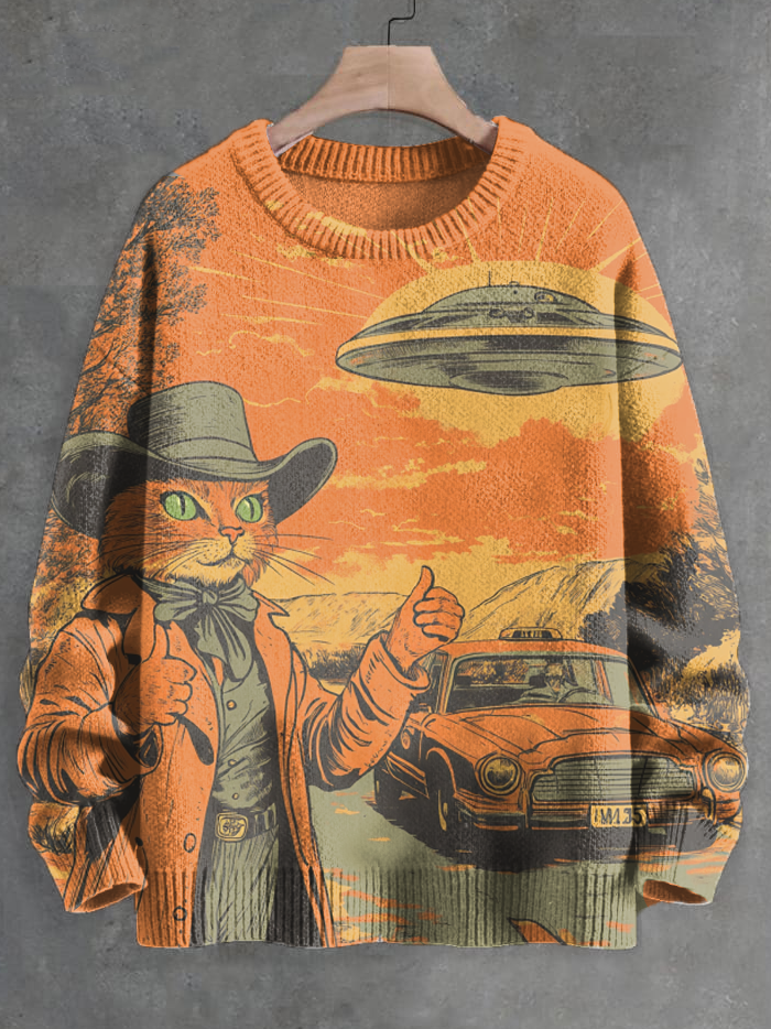 Men's Retro Western Cat Meets UFO Art Print Knit Sweatshirt