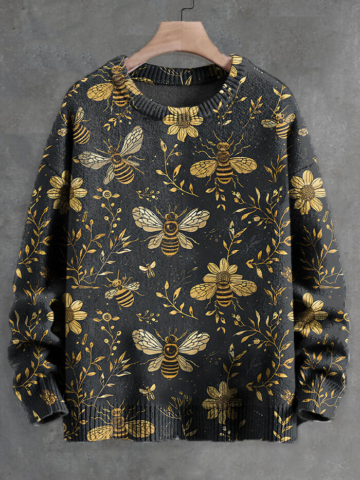 Men's Bees And Flowers Botanical Art Print Knit Sweatshirt