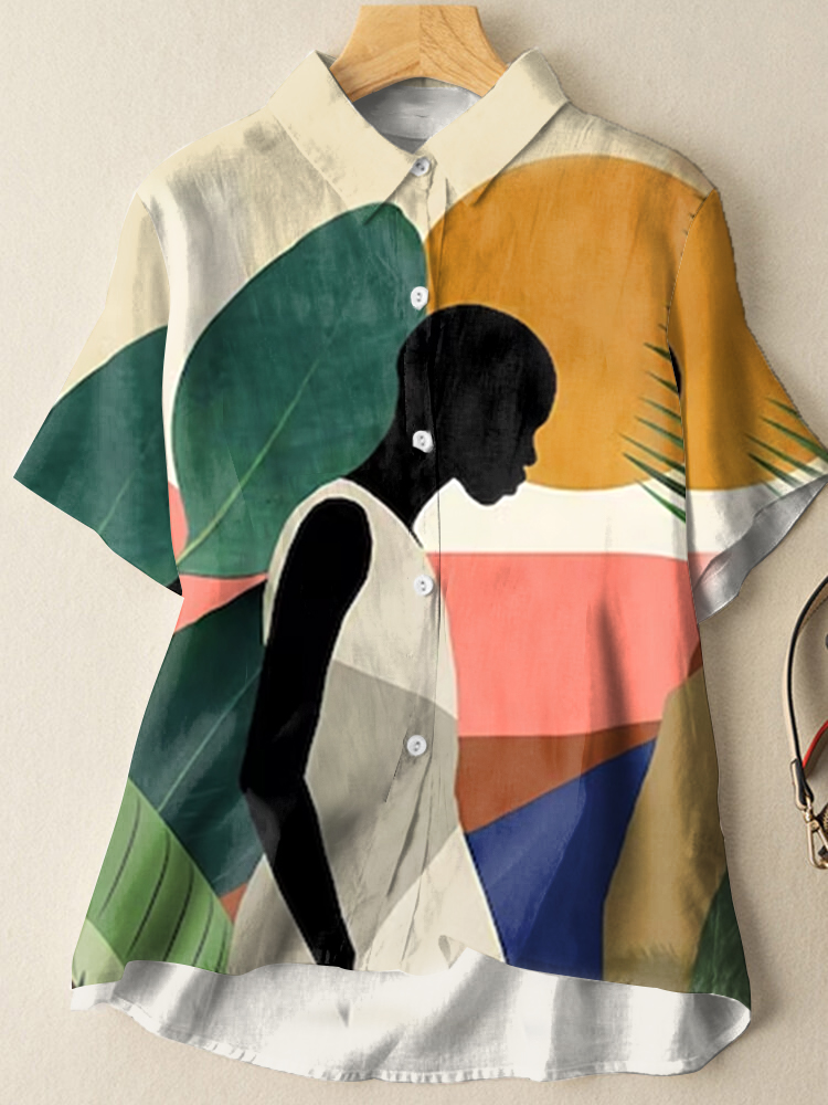 Women's Boho Black Contrast Color Plant Art Print Short Sleeve Shirt