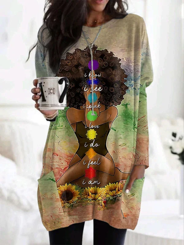 Women's Colorful Black Girl Sunflower Print Pocket Long Sleeve T-Shirt