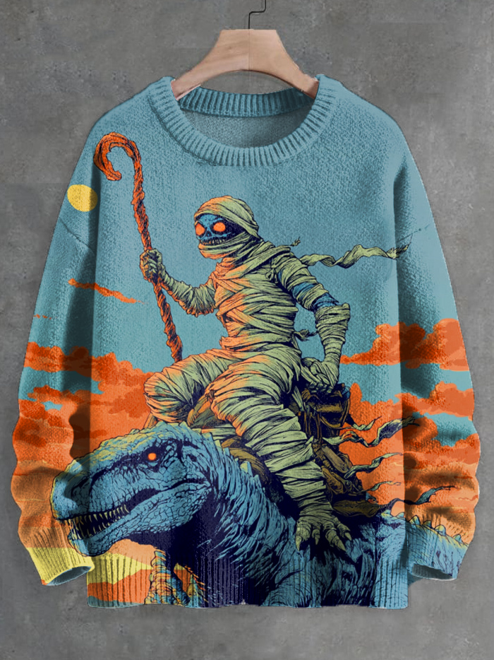 Men's Mummy Dinosaur Future Sci-Fi Art Print Knit Sweatshirt