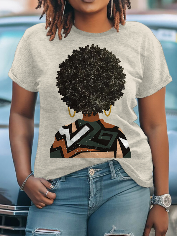 Women's African Natural Hair Art Print Cotton Casual T-Shirt
