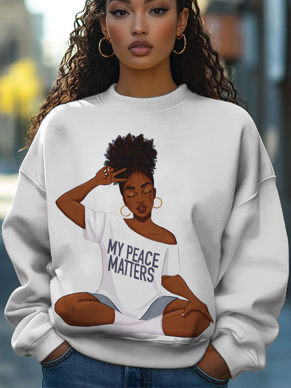 Women's My Peace Matters Slogan Print Cotton Long Sleeve T-Shirt Thin Sweatshirt