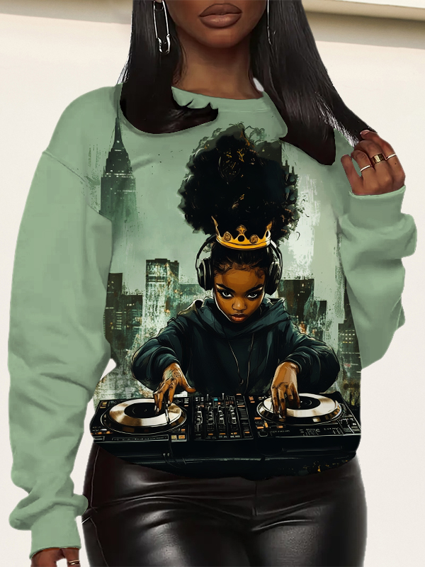Women's Black Queen DJ Girl Music Lover Art Print Sweatshirt