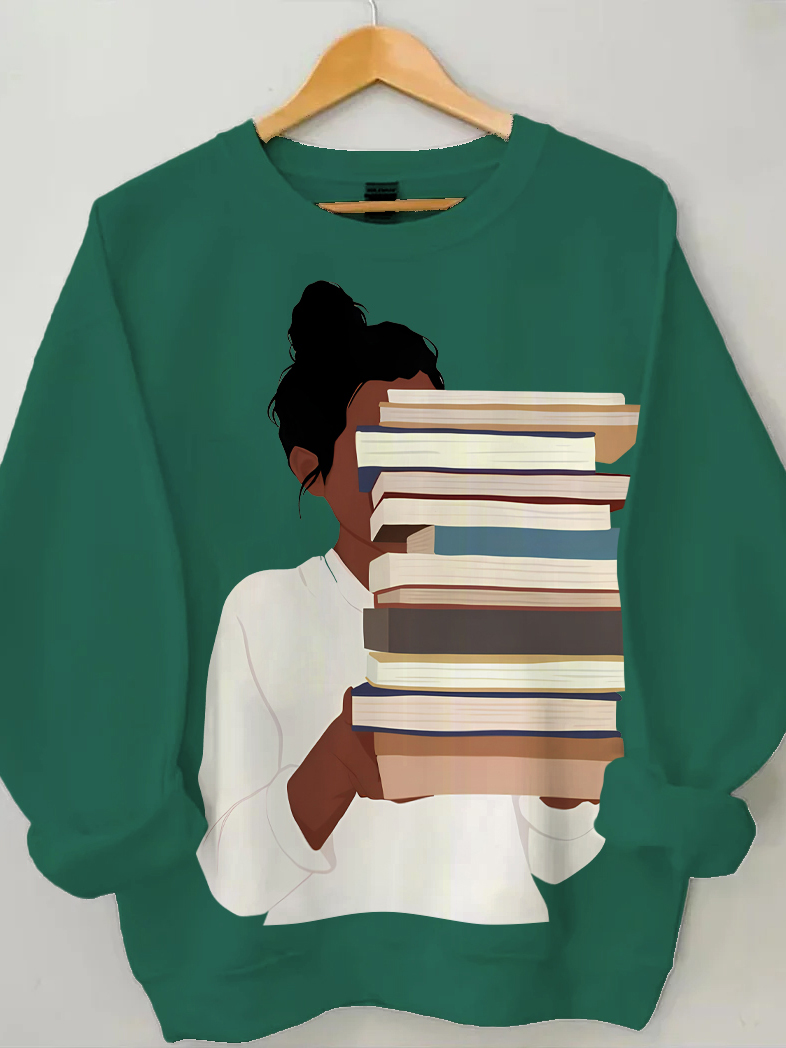 Women's Reading Lover Illustration Print Cotton Long Sleeve T-Shirt Thin Sweatshirt