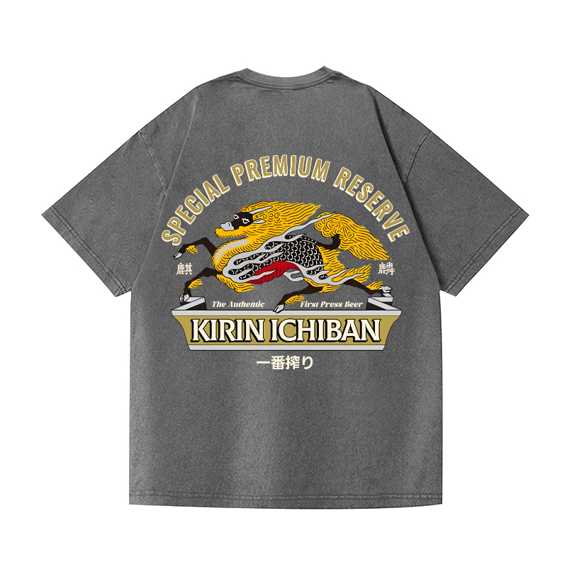 Kirin Beer Vintage Wash Japanese Design Back Art T-Shirt