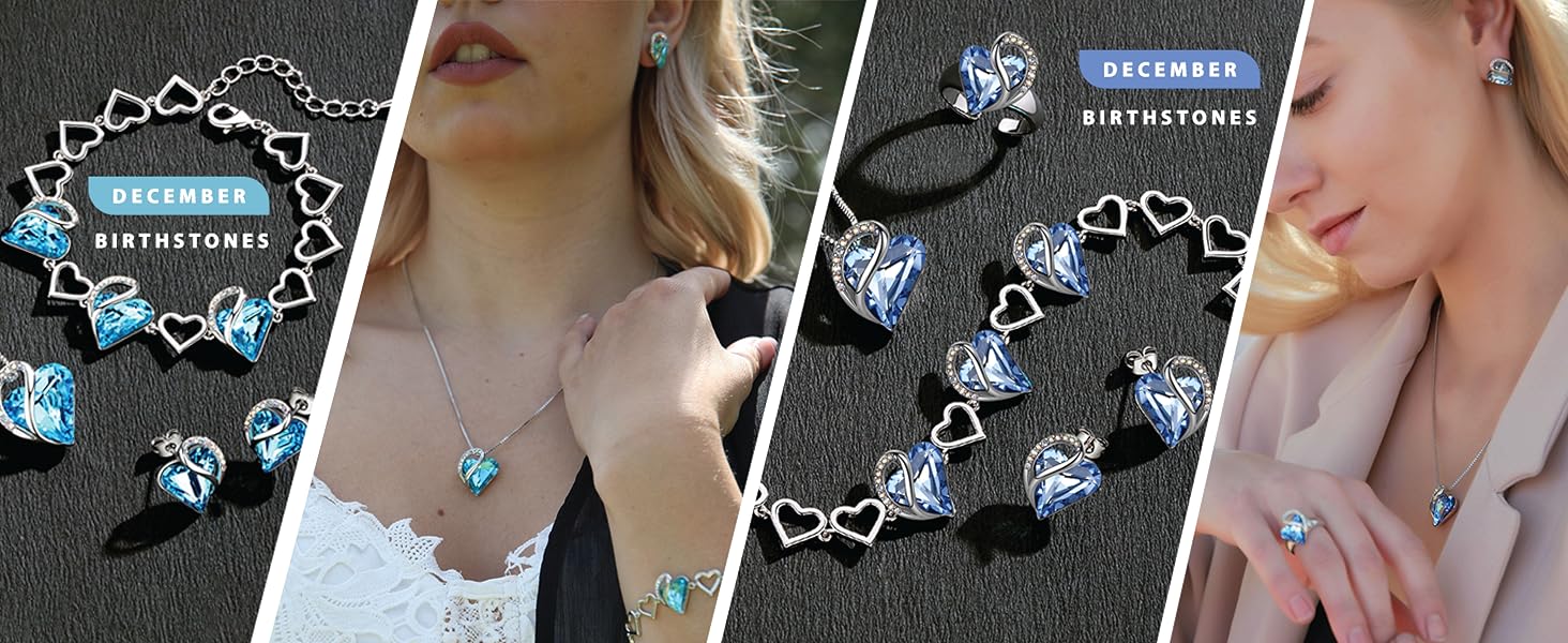 December birthstone jewelry featuring aqua blue and light sapphire blue heart-shaped jewelry set