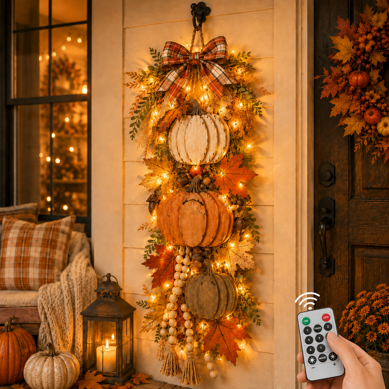 🎃Rustic Wooden Pumpkin Door Hanging with Warm LED Lights✨