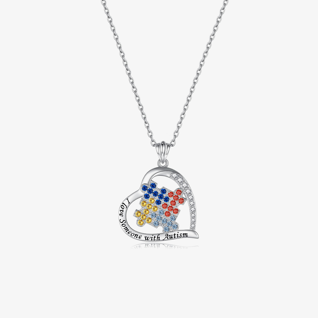 Autism Awareness Heart Color Diamond Puzzle Necklace
