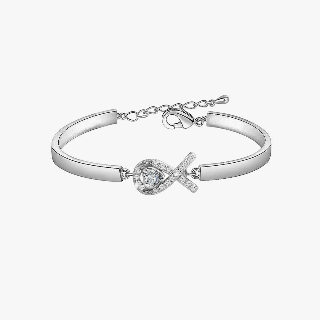 Lung Cancer Awareness-White diamond heart ribbon bracelet