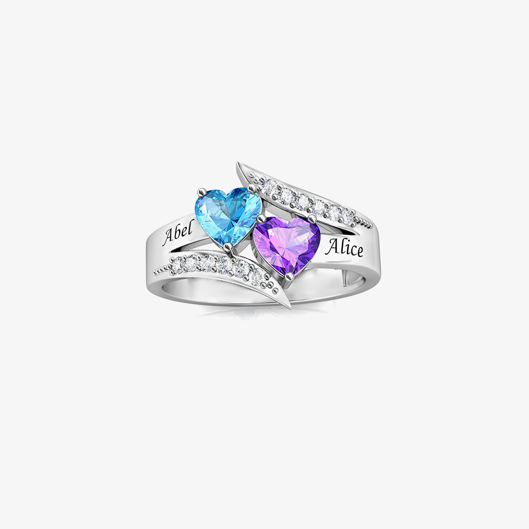 Mother & Daughter-Two-Heart Name & Birthstone Personalized Ring