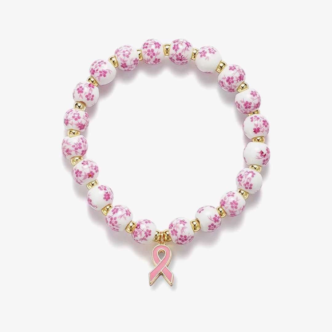 Breast Cancer Awareness-Pink Blue & White Porcelain Ribbon Charm Bracelet