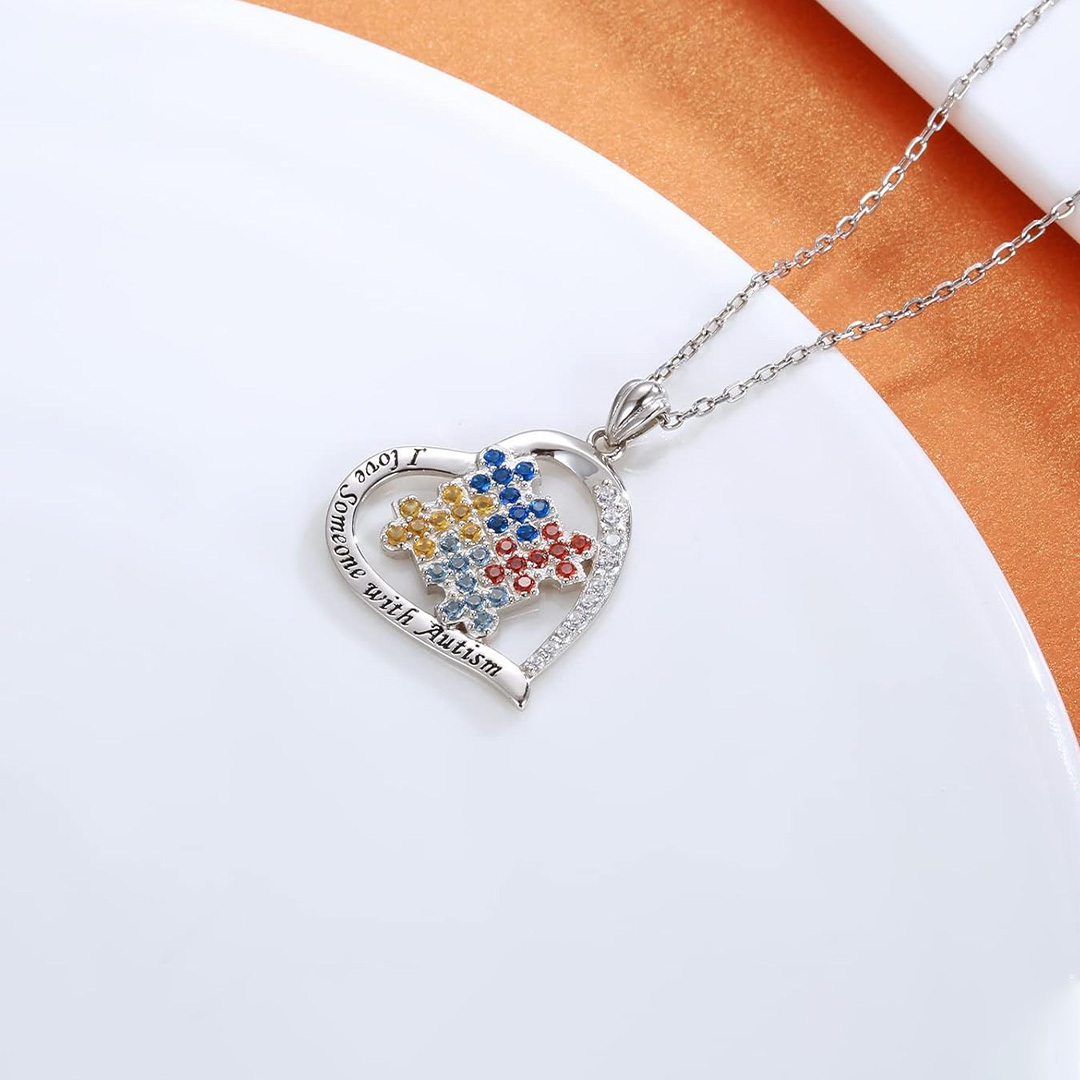 Autism Awareness Heart Color Diamond Puzzle Necklace