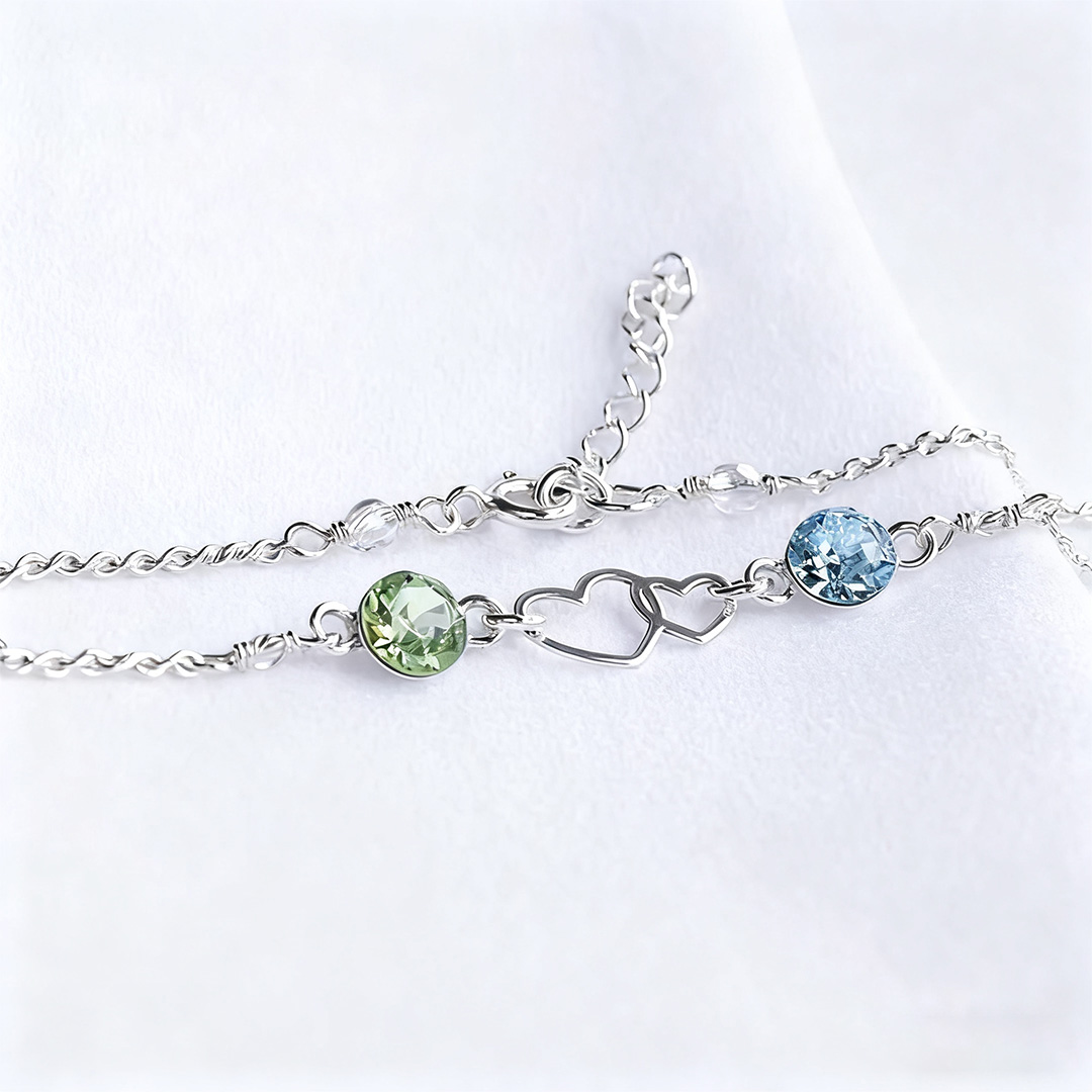 For Love - We Are Connected Heart To Heart Double Heart Custom Birthstone Bracelet