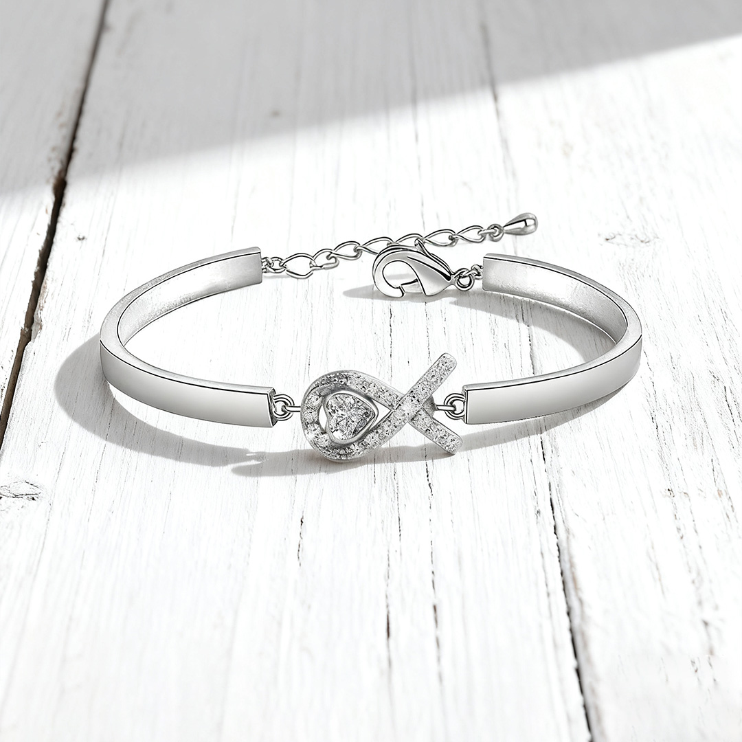 Lung Cancer Awareness-White diamond heart ribbon bracelet