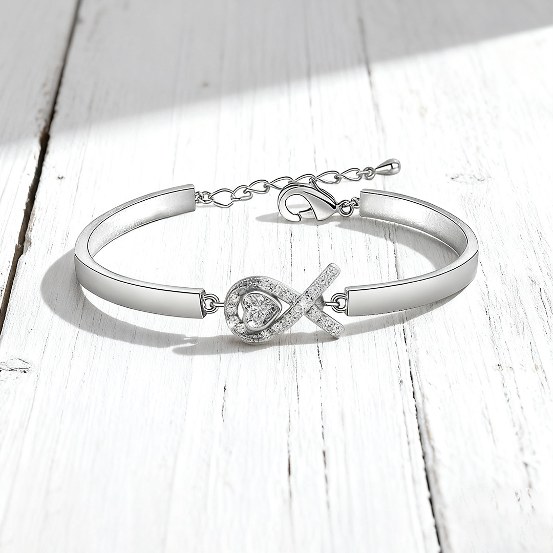 Lung Cancer Awareness-White diamond heart ribbon bracelet