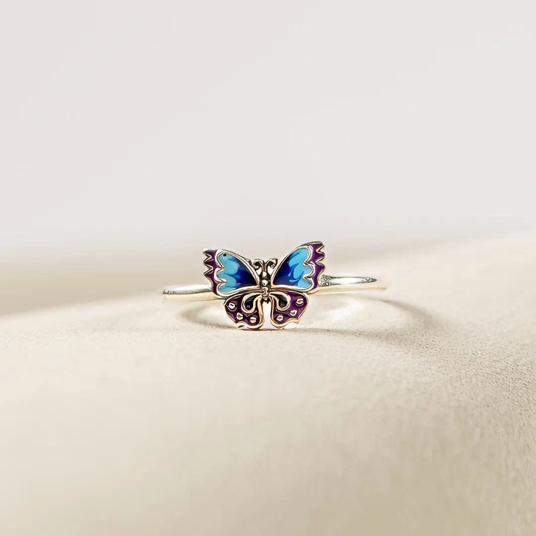For Memory-Blue Enamel Butterfly Open Ring
