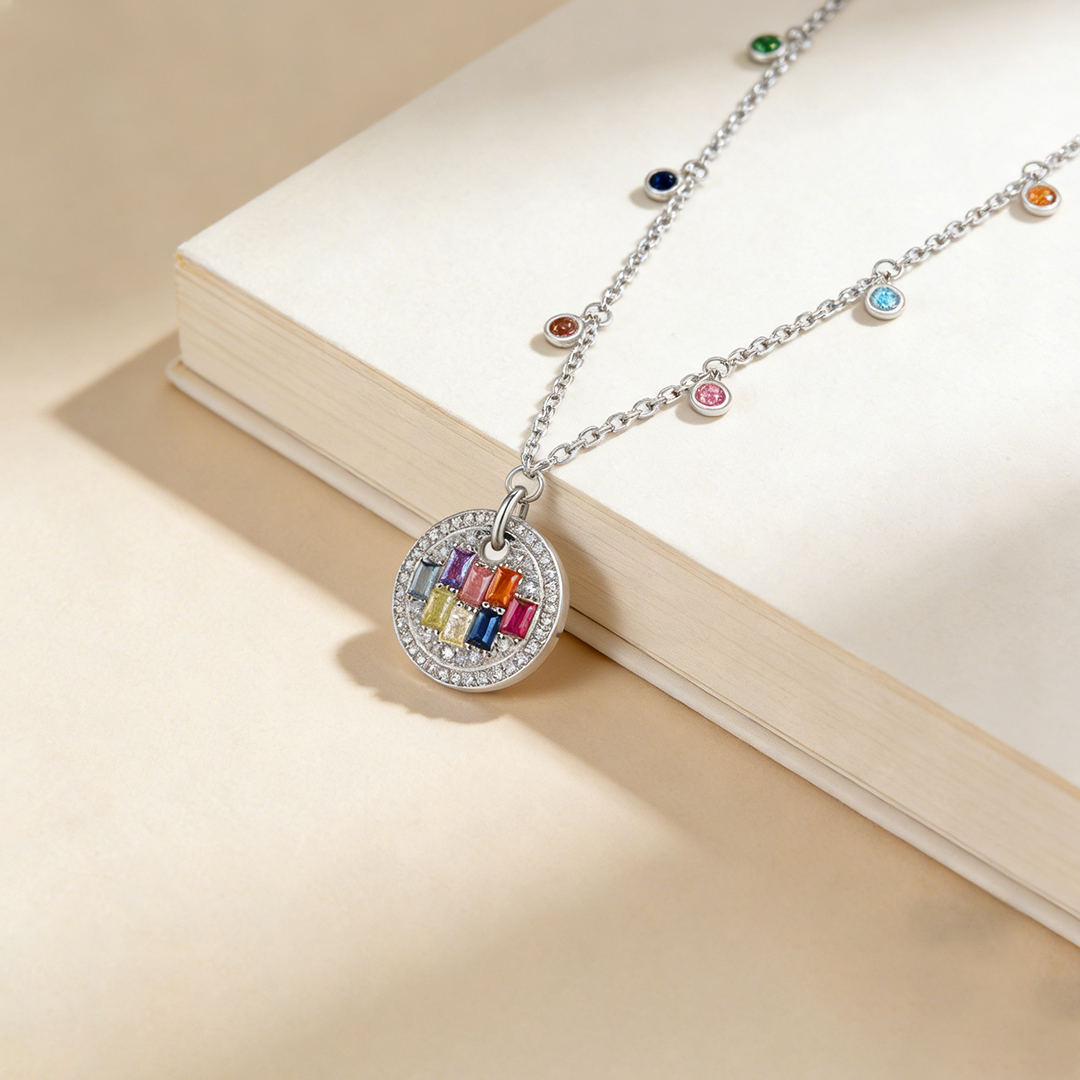 Autism Awareness-Round Disc Colorful Diamond Necklace