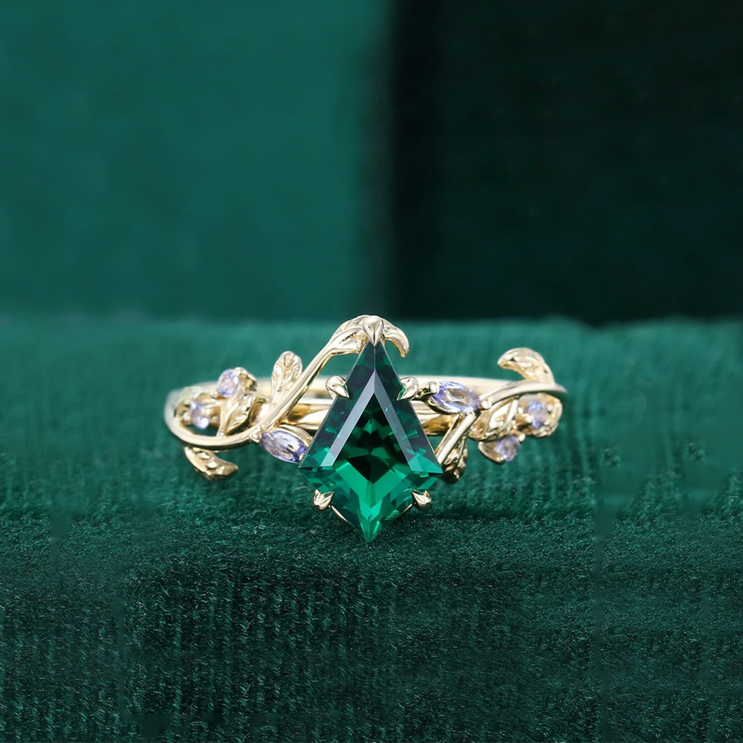 It's OK To Not Be OK Kite Cut Lab Emerald Slender Vine Ring
