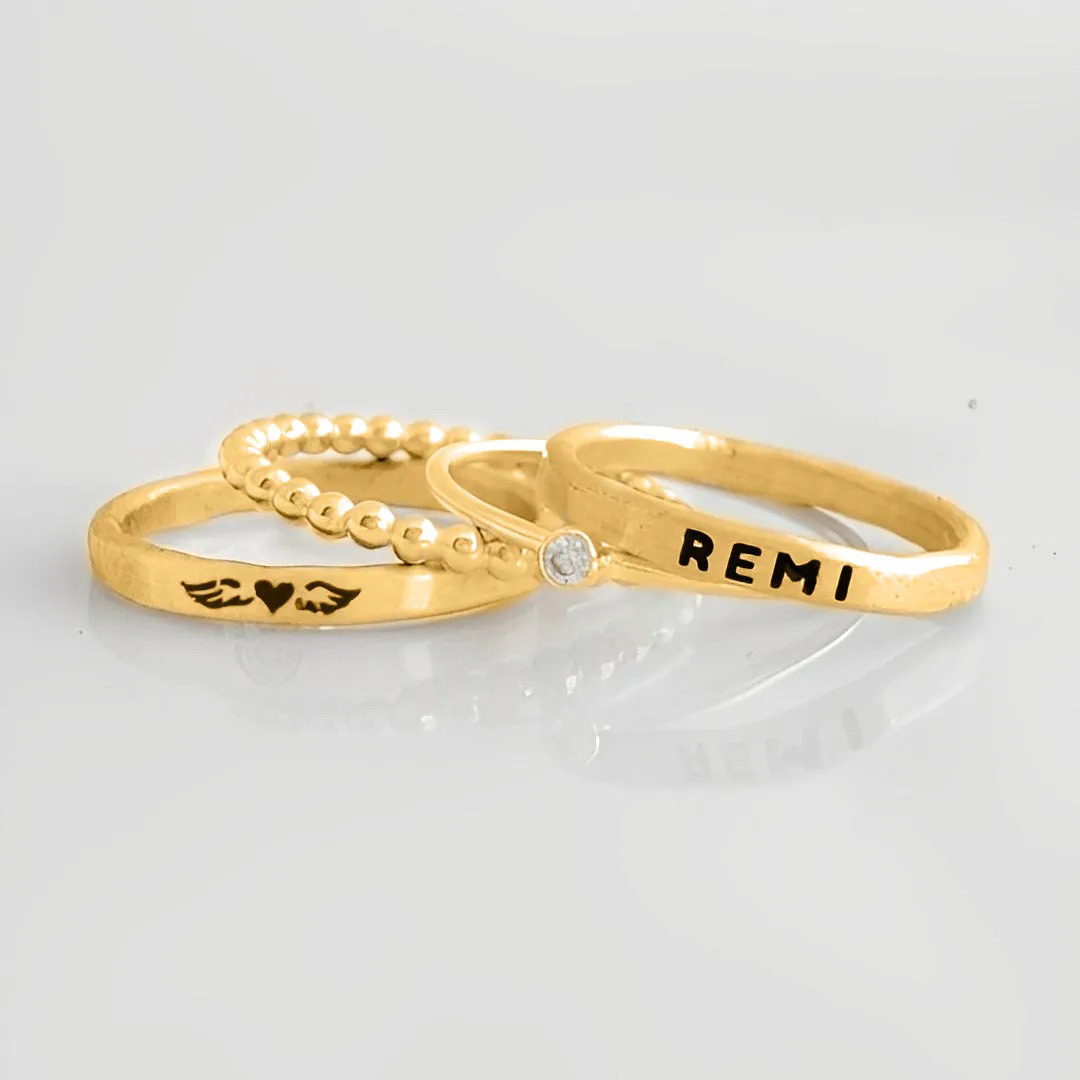 For Memorial son - Mama Of An Angel Custom Name Stacked Ring - 4 Rings Set