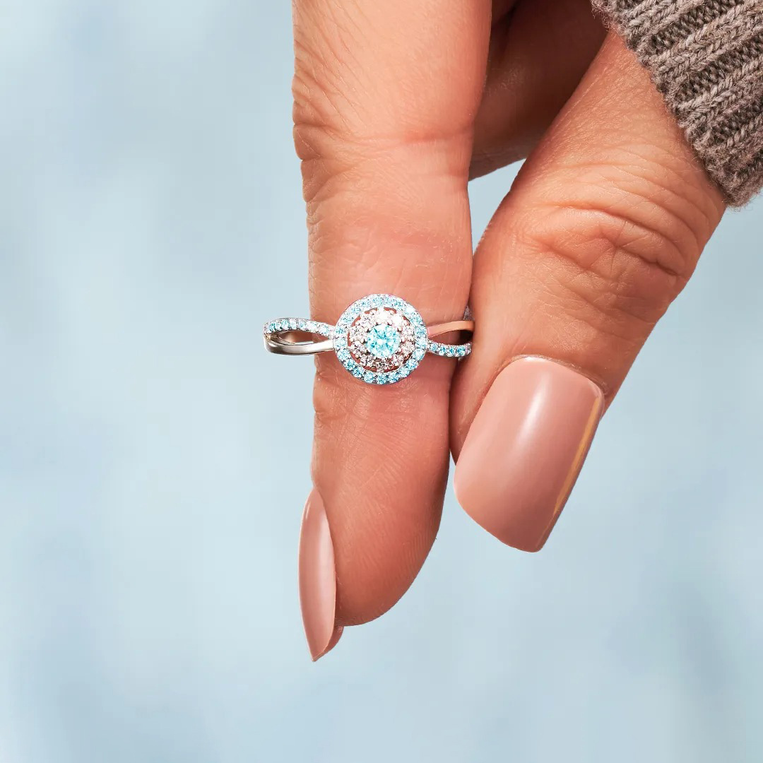 Ovarian Cancer Awareness-Teal Round Diamond Infinity Ring