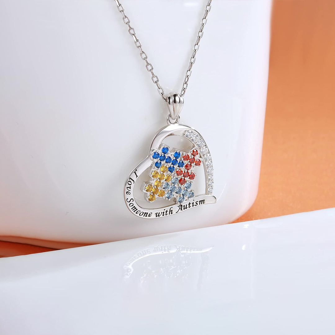 Autism Awareness Heart Color Diamond Puzzle Necklace