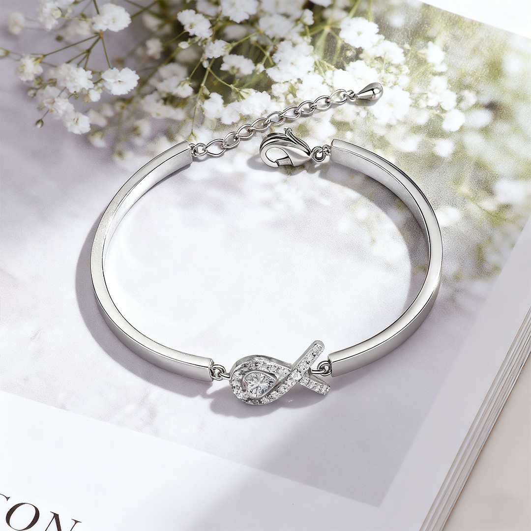 Lung Cancer Awareness-White diamond heart ribbon bracelet