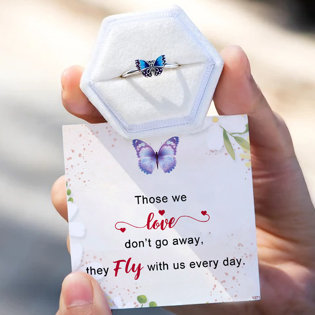 For Memory-Blue Enamel Butterfly Open Ring