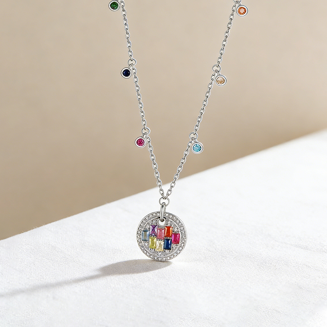 Autism Awareness-Round Disc Colorful Diamond Necklace