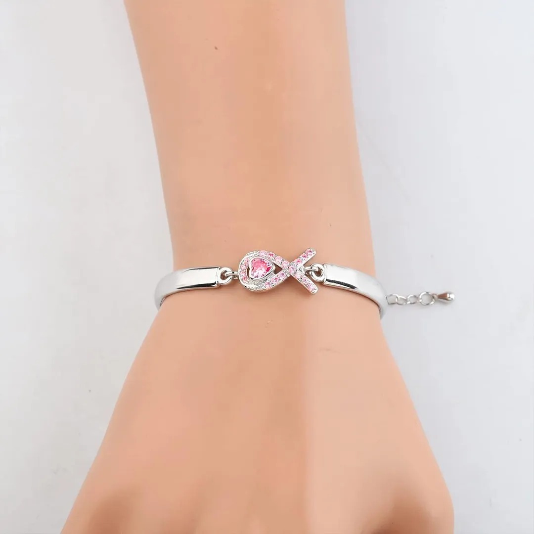 Breast Cancer Awareness-It is ok to not be ok Pink Heart Ribbon Bracelet
