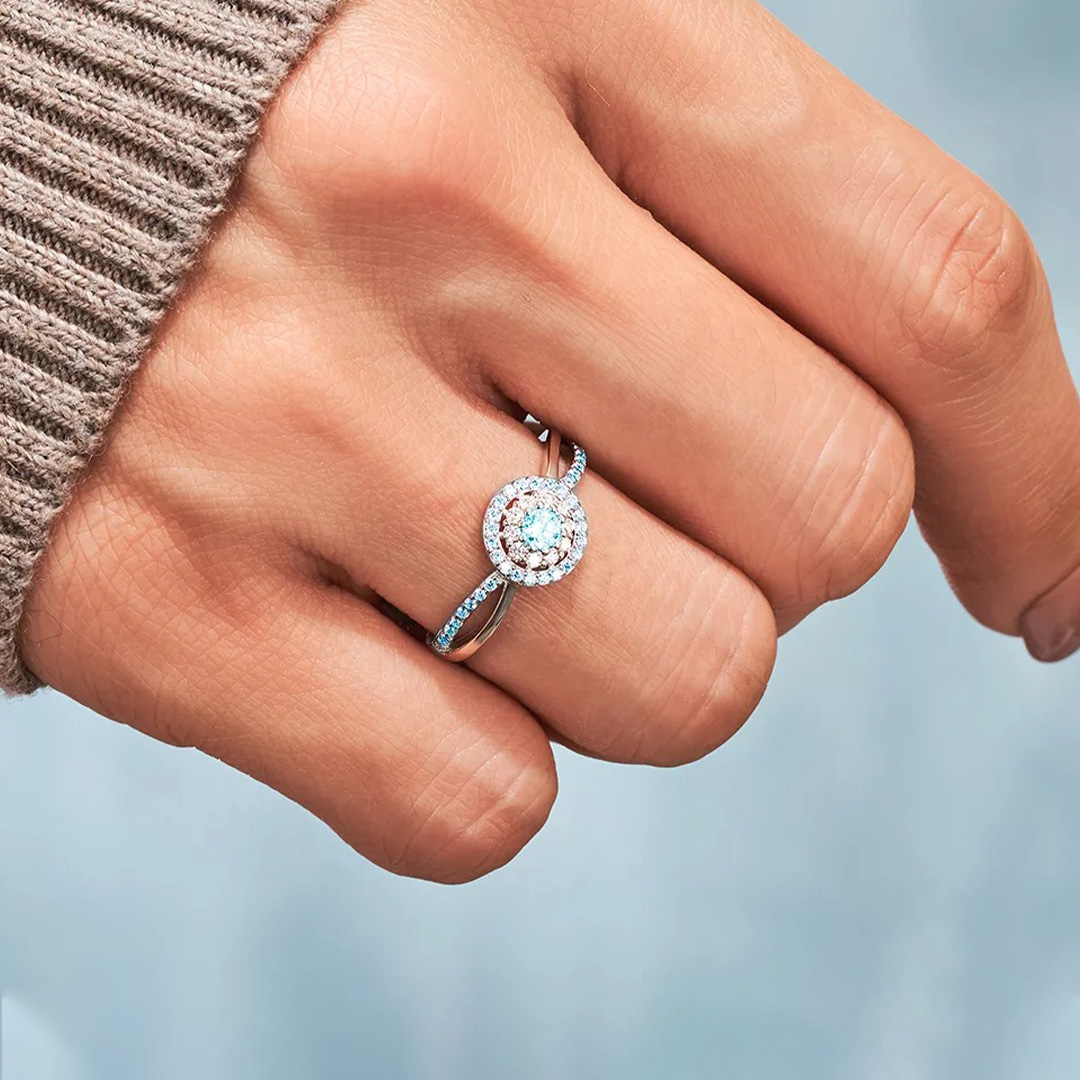 Ovarian Cancer Awareness-Teal Round Diamond Infinity Ring