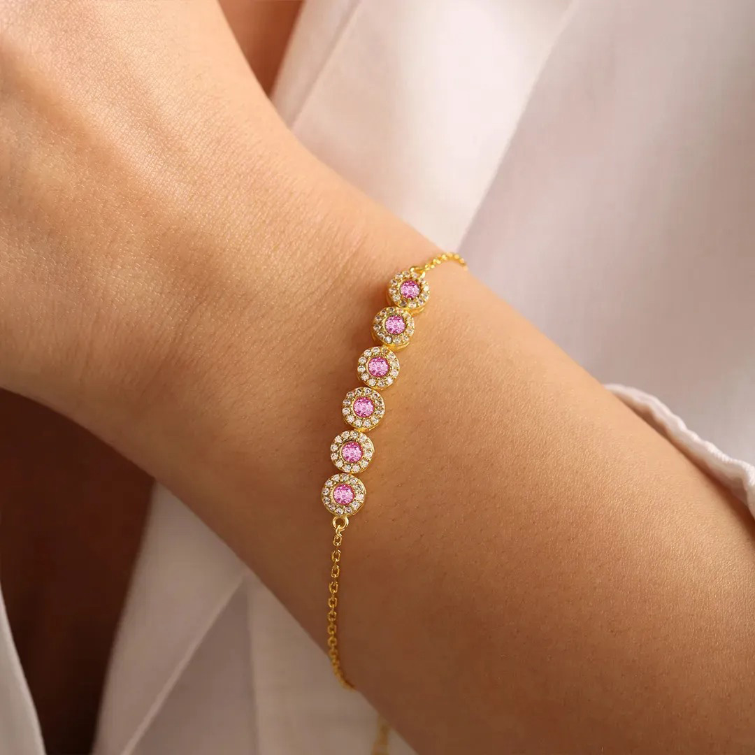 Breast Cancer Awareness Pink Round Diamond Power Bracelet