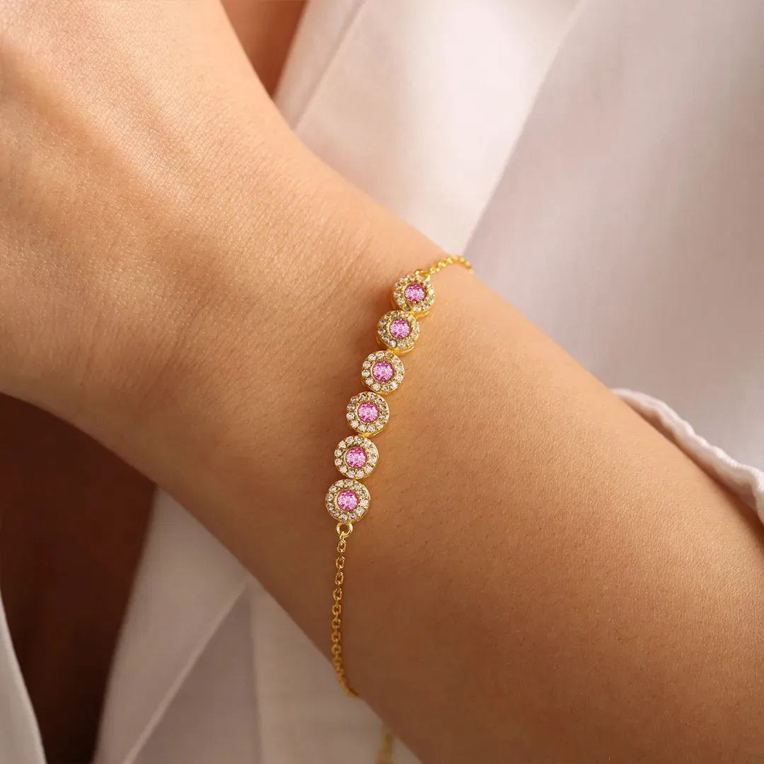 Breast Cancer Awareness Pink Round Diamond Power Bracelet